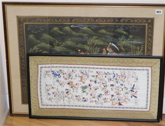 Indian School, gouache on silk, a tiger hunt, overall 47 x 66cm and a Chinese silkwork panel